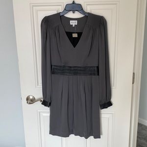 Silk MILLY long sleeve dress with leather trim details at wrist and waist. Luxe!